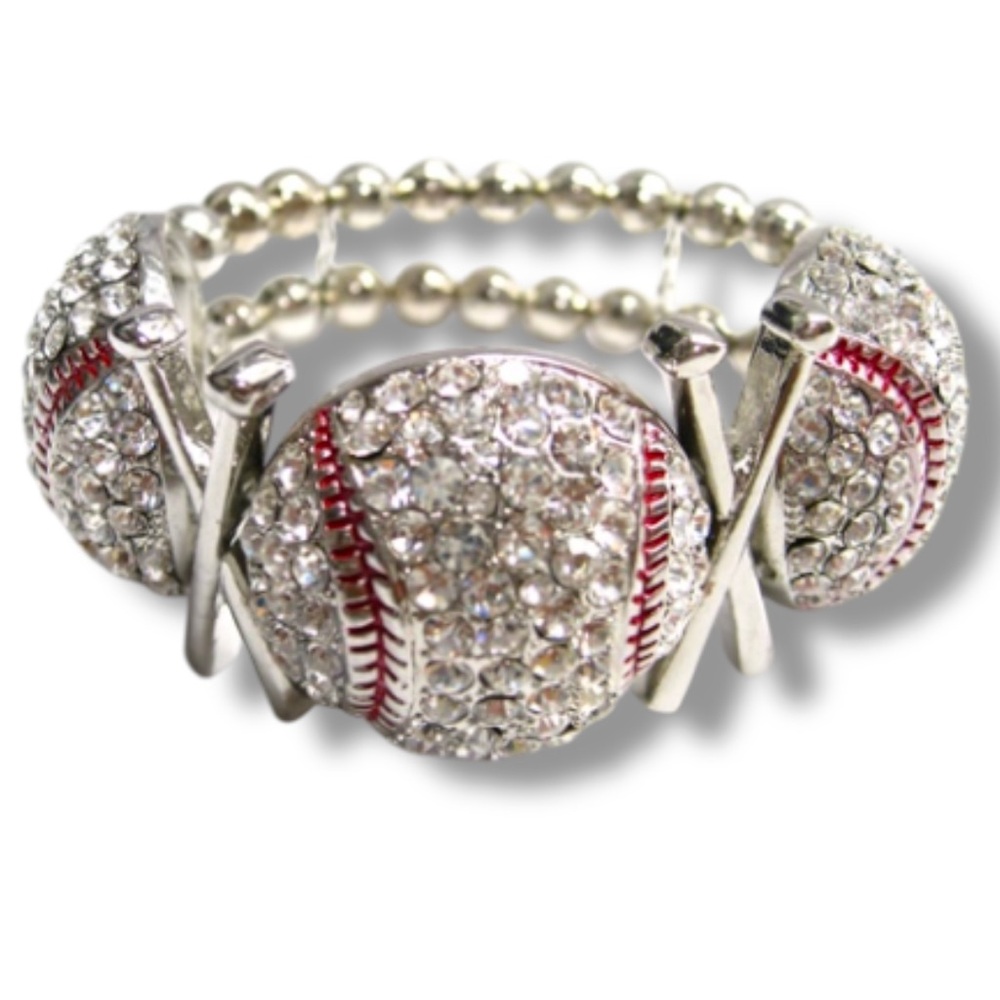 Baseball Mom Rhinestone Bling Bat Ball Stretch Elastic Large Silver Bracelet EUC